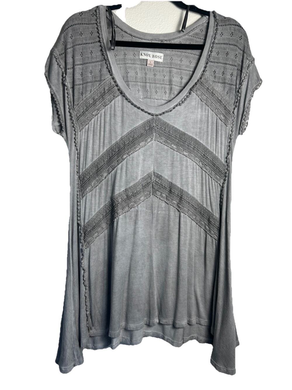 KNOX ROSE Women’s Gray Knit Top Tunic Lace Trim Short Sleeve Asymmetric Large